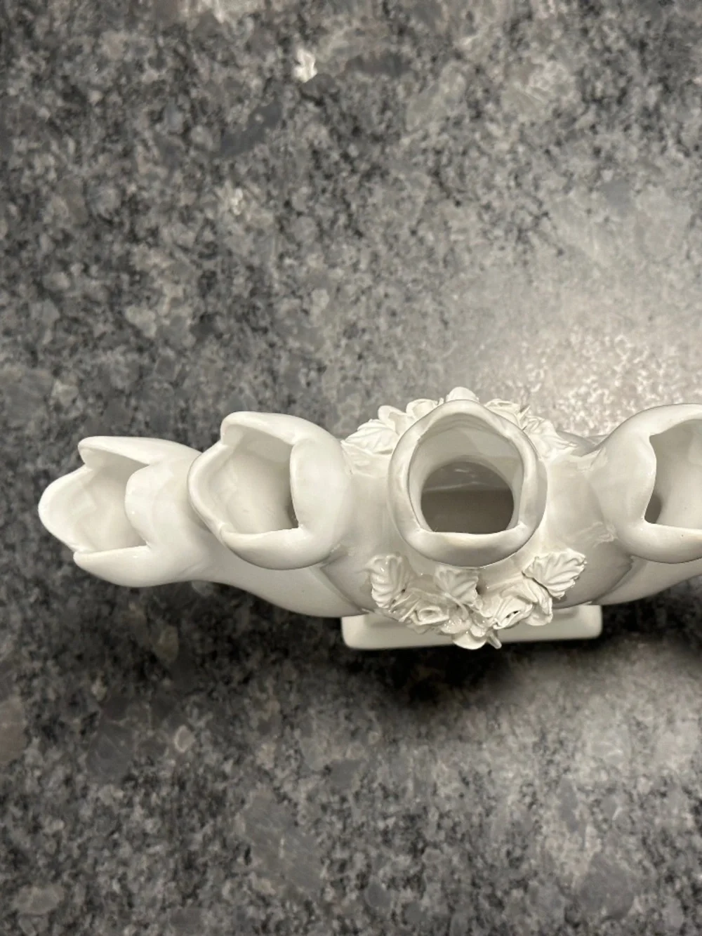 White Ceramic Five Finger Tulipiere Bud Vase with Floral Rose Appliqué